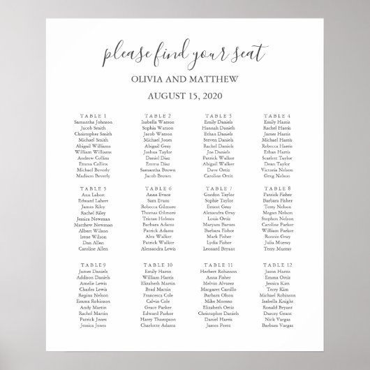 白シンプルフォーマル・黒結婚の座席表 ポスター (正面)