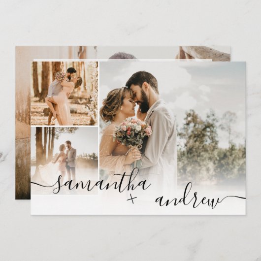 白シンプルミニマル脚本4枚結婚の写真 招待状 (正面/裏面)