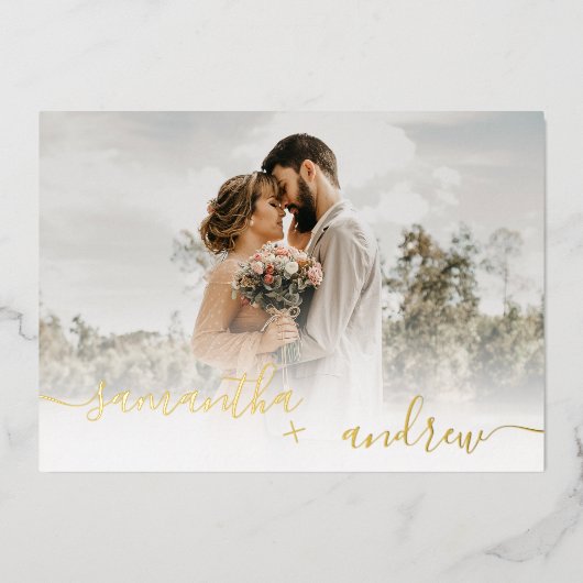 白シンプルミニマル脚本5枚結婚の写真 箔招待状 (正面)