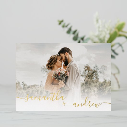 白シンプルミニマル脚本5枚結婚の写真 箔招待状 (立ち正面)