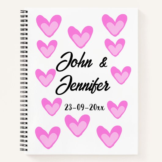 白シンプル文字ミニマルスタイル結婚ピンカハート ノートブック (正面)