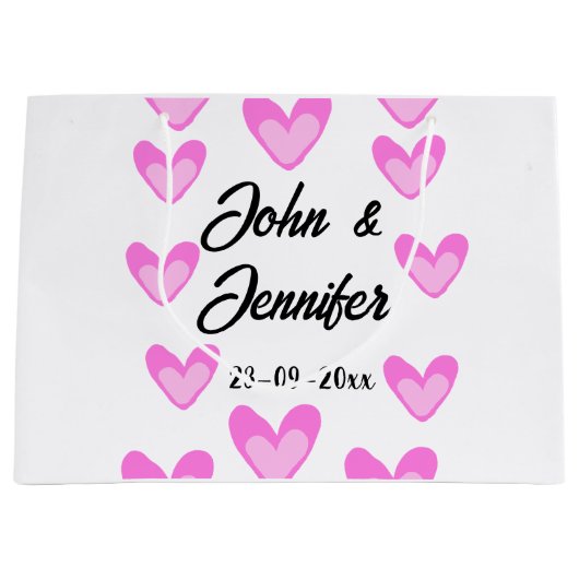 白シンプル文字ミニマルスタイル結婚ピンカハート ラージペーパーバッグ (正面)