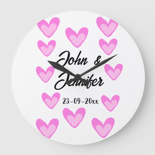 白シンプル文字ミニマルスタイル結婚ピンカハート ラージ壁時計 (正面)