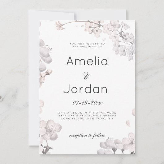 白シンプル桃色さくらんぼフローラ結婚ズ 招待状 (正面)