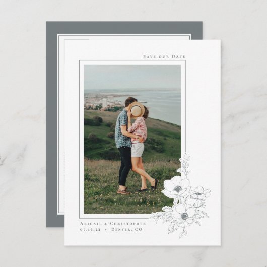 白シンプル灰色アネモネアートフローラ保存日 案内ポストカード (正面/裏面)