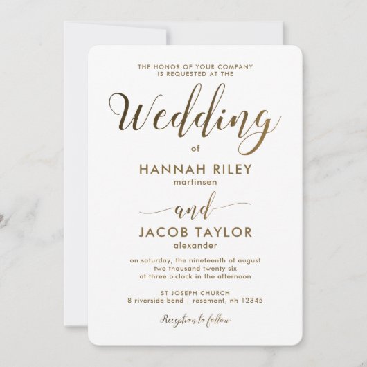 白シンプル色のエレガントと銅の結婚外観 招待状 (正面)