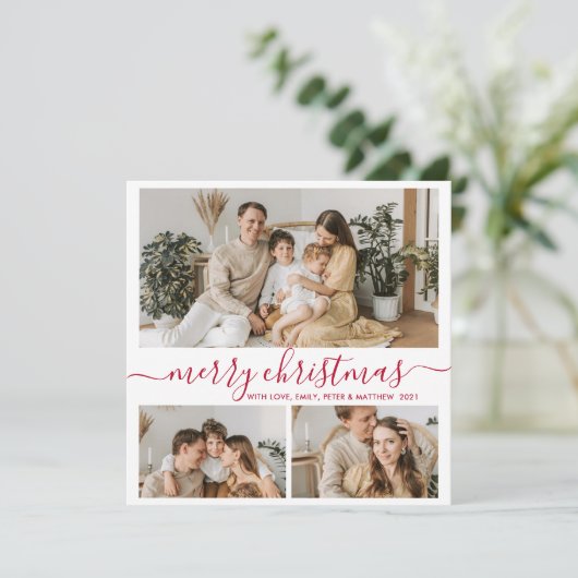 白シンプル赤3フォトコラージクリスマス シーズンカード (スタンド正面)