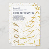 白シンプル金ゴールドツリー応援新年パーティー 招待状 (正面/裏面)