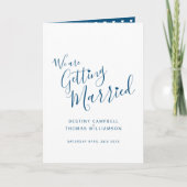 白シンプル青ハート写真は折り畳ま結婚れた 招待状 (正面)