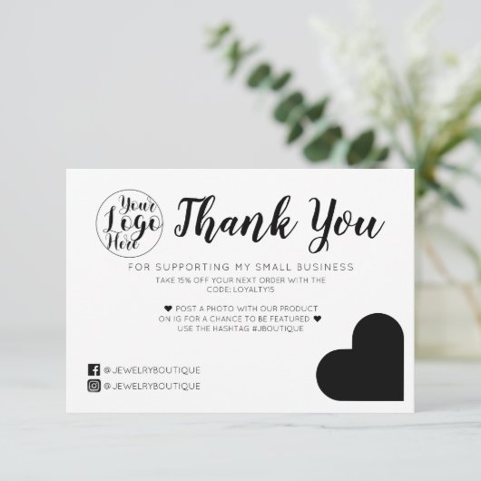 白シンプル黒ハートロゴお客様ありがとうございます サンキューカード (スタンド正面)