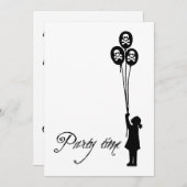 白スカル及び骨が交差した図形のパーティーの時間気球の女の子 招待状 (正面/裏面)