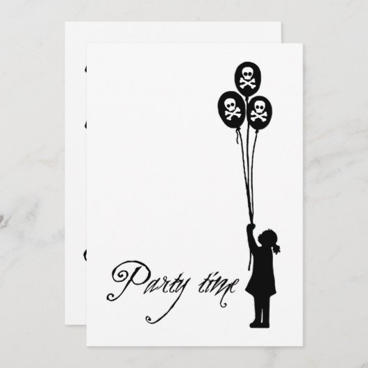白スカル及び骨が交差した図形のパーティーの時間気球の女の子 招待状 (正面/裏面)