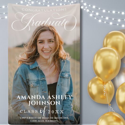 白スクリプトおめでとう写真卒業 横断幕