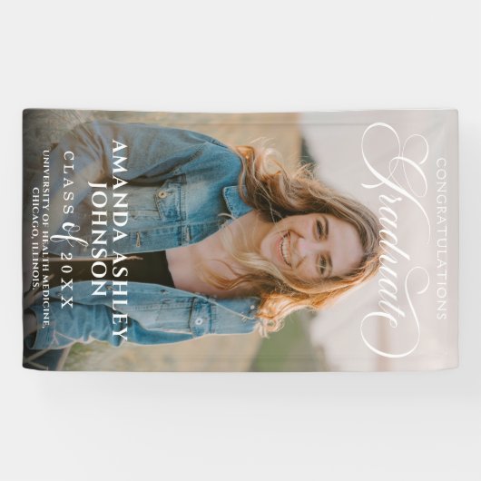 白スクリプトおめでとう写真卒業 横断幕