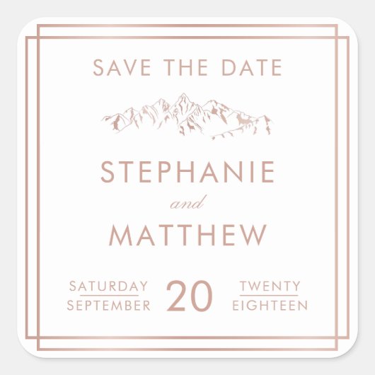 白スタイリッシュとバラの金ゴールド山の日付を保存 スクエアシール (正面)