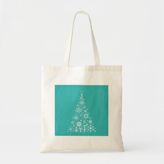 白スタイリッシュエレガントとティール（緑がかった色）のクリスマスツリー トートバッグ (正面)