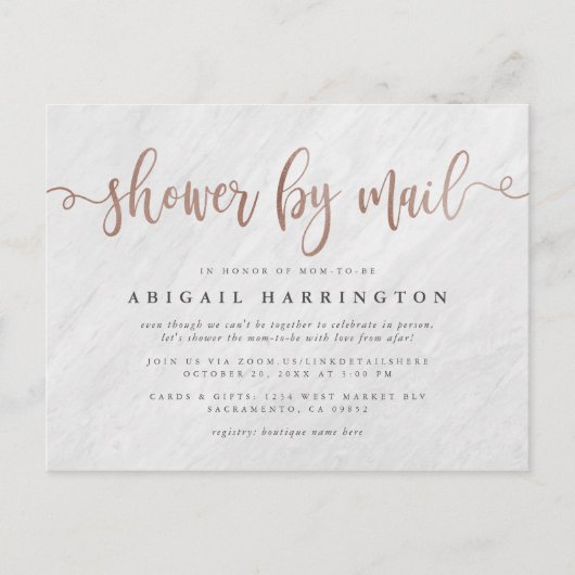 白スタイリッシュ大理石&バラ金ゴールドシャワー（郵送） インビテーションポストカード (正面)