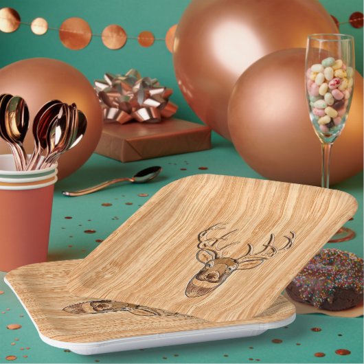 白スタイリッシュ尾の鹿の頭ライトウッドグレインデコ ペーパープレート (複数)