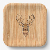 白スタイリッシュ尾の鹿の頭ライトウッドグレインデコ ペーパープレート (正面)