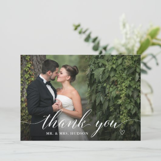 白スタイリッシュ文字結婚の写真サンキューカード サンキューカード (スタンド正面)