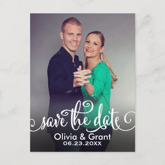 白スタイリッシュ文字結婚の写真日付の保存 案内ポストカード (正面)