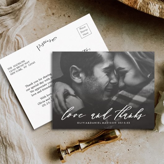 白スタイリッシュ書の結婚写真ありがとう ポストカード