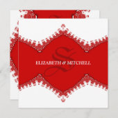 白スタイリッシュ赤レースモノグラム結婚ズ 招待状 (正面/裏面)