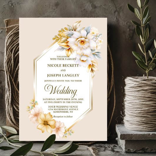 白スタイリッシュ金ゴールドフローラジオメト結婚リ 招待状