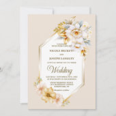 白スタイリッシュ金ゴールドフローラジオメト結婚リ 招待状 (正面)