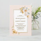 白スタイリッシュ金ゴールドフローラ結婚 招待状 (スタンド正面)