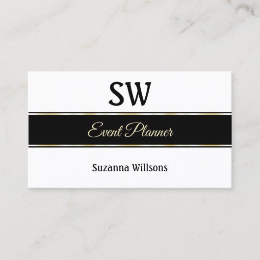 白スタイリッシュ黒とモノグラムストライプ付き金ゴールド 名刺 (正面)