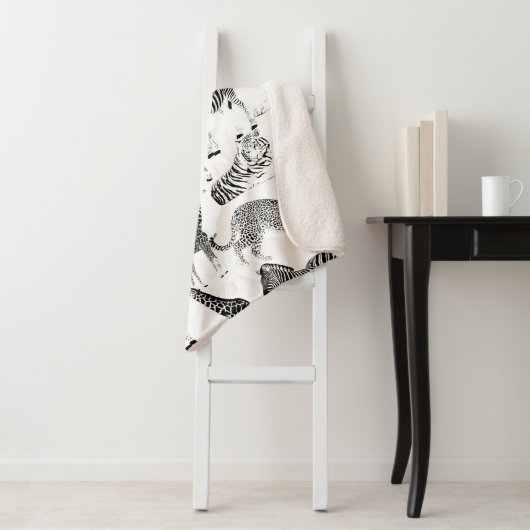 白スタイリッシュ黒のジャングル動物のパターン シェルパブランケット (インサイチュ)