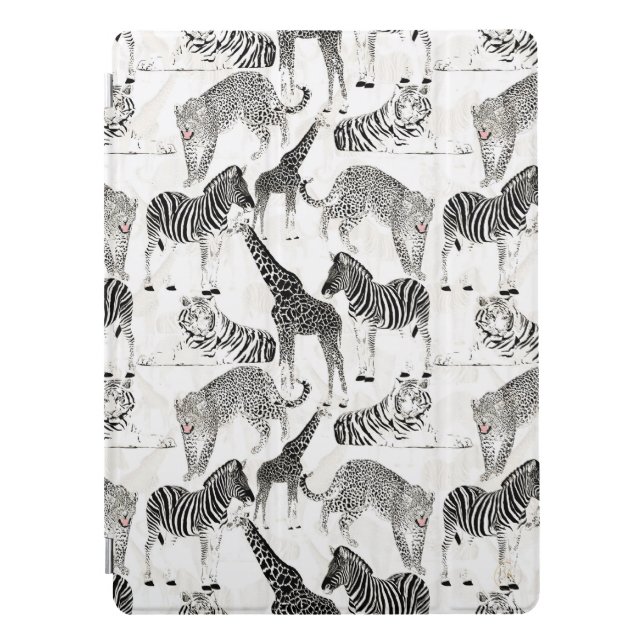 白スタイリッシュ黒のジャングル動物のパターン iPad PROカバー (正面)