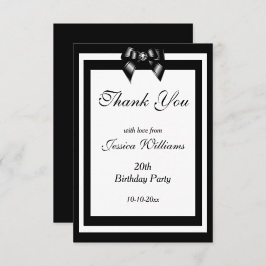 白スタイリッシュ黒の誕生日パーティー サンキューカード (正面/裏面)