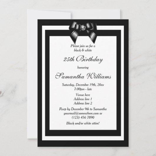 白スタイリッシュ黒の誕生日パーティー 招待状 (正面)