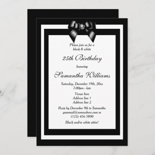 白スタイリッシュ黒の誕生日パーティー 招待状 (正面/裏面)