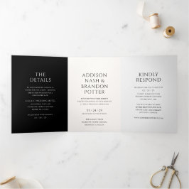 白スタイリッシュ黒モダン結婚の 三つ折り招待状