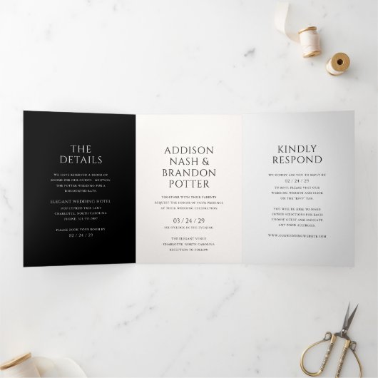 白スタイリッシュ黒モダン結婚の 三つ折り招待状 (内部)