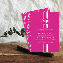 白ストライプイニシャルマゼンダ結婚ン 招待状