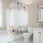 白ストライプ春の花縁どアクセント シャワーカーテン (インサイチュ)