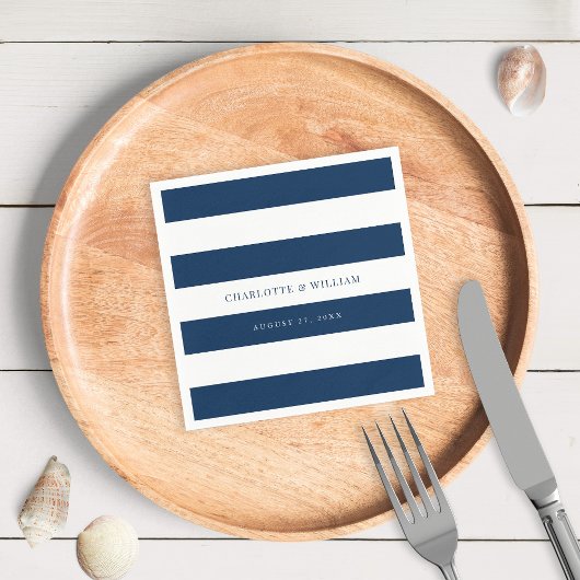 白ストライプ色と編集可航海の能結婚色 スタンダードカクテルナプキン