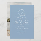 白タイポグラフィダスティブルー結婚ズ セーブザデート (正面/裏面)