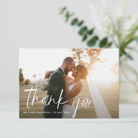 白タイポグラフィ結婚の写真サンキューカード サンキューカード (スタンド正面)