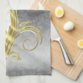 白ダマエレガントス金ゴールド渦巻き キッチンタオル (四つ折り)