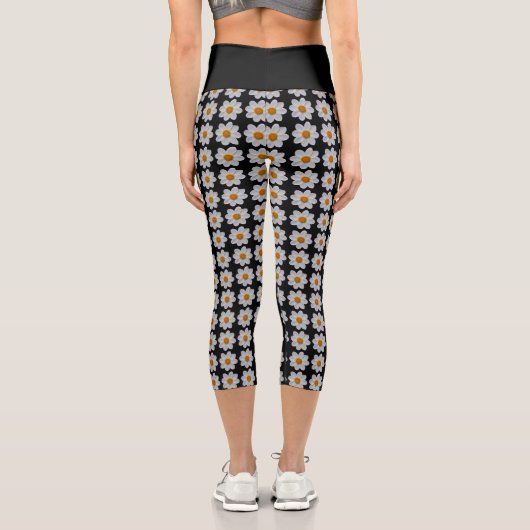 白ダリア花の模様（黒） カプリレギンス (裏面)