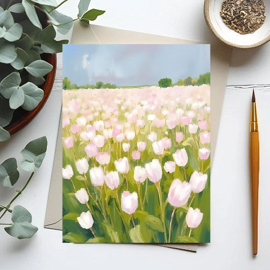 白チューリップの花畑の絵 ポストカード