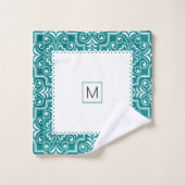 白ティール（緑がかった色）ダマスク模様ホタテ縁どロ バスタオルセット (ウォッシュタオル)