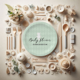 白テディベアセージ緑のダイヤモンドベイビーシャワー ペーパープレート