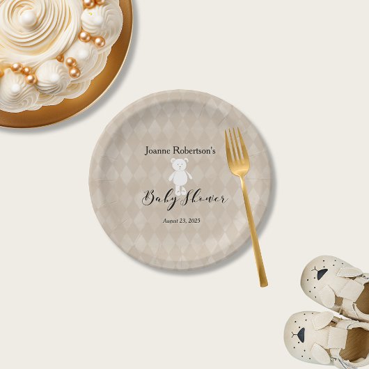 白テディベア赤ちゃんシャワー |タンアーガイル ペーパープレート