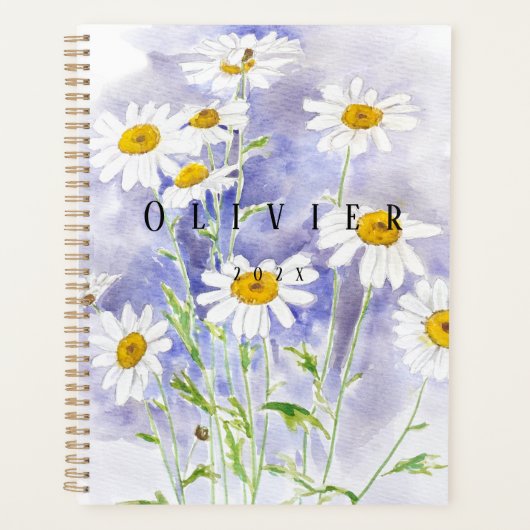 白デイジーの花の絵を描水色 プランナー手帳 (正面)